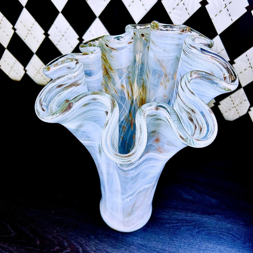 White Opaline Art Glass Vase 15" Ruffled Aventurine Statement - Picture 3 of 17